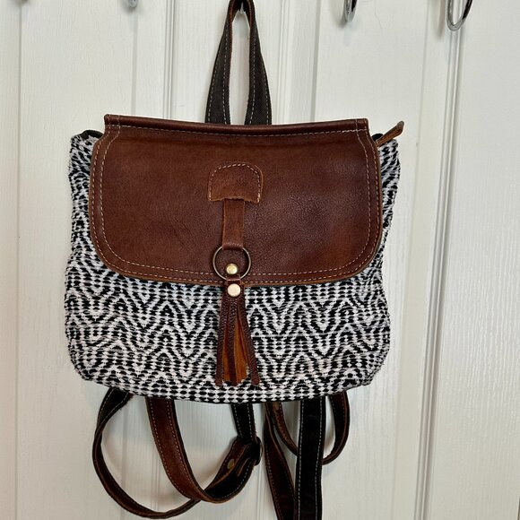 Myra Bag Leffi's Boho Upcycled Canvas & Leather Backpack S-1567 Minimalist - Picture 1 of 15